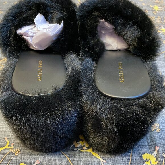 AKIRA AZALEA WANG MINNA BLACK FAUX FUR PLATFORM SANDALS SIZE 10 - Picture 10 of 10
